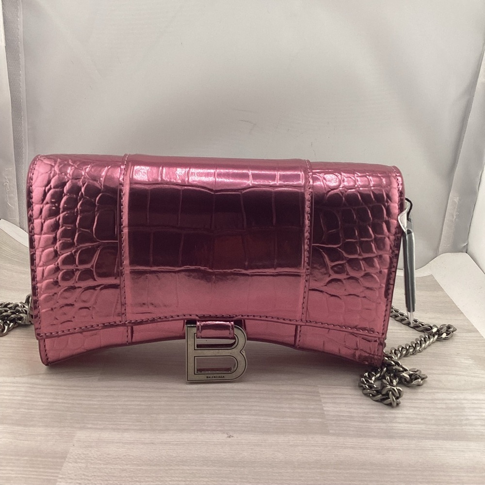 Balenciaga Shiny Pink Croc-Embossed crossbody including COA